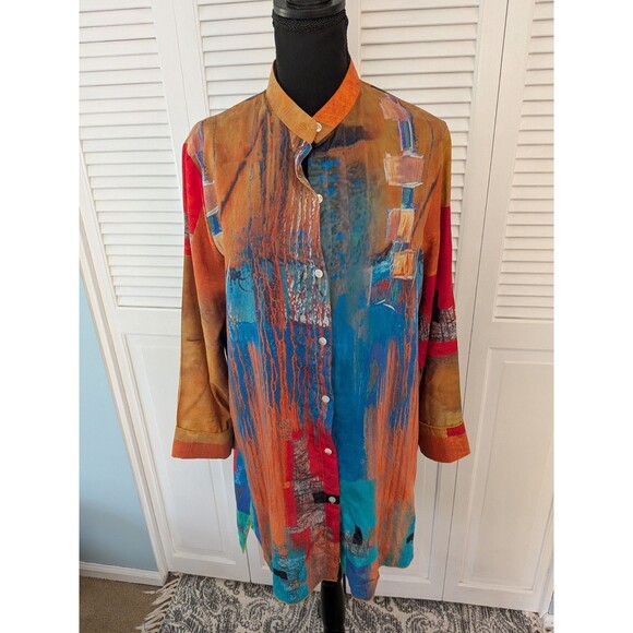 Feratelli Jacket Blouse Womens M Gold Blue Graphic Art to Wear Lagenlook Hi Low - Picture 1 of 13